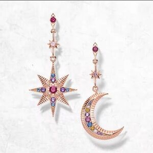 NWOT crescent moon and star dangle earrings, Sterling silver 18k rose gold plt